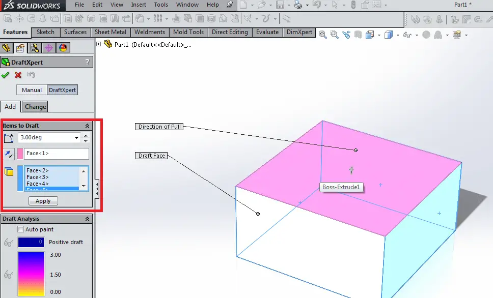 Direction of pull draft feature solidworks