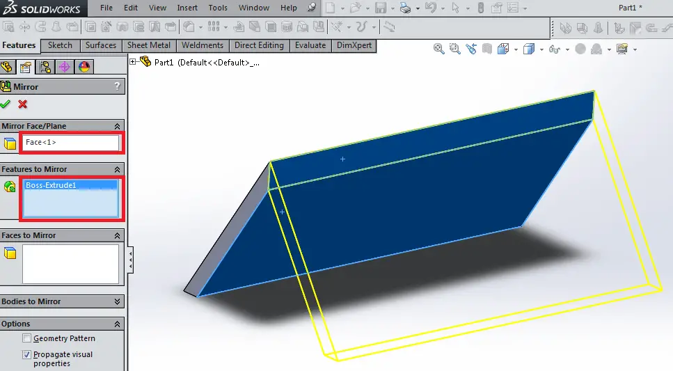 Extrude features in solidworks